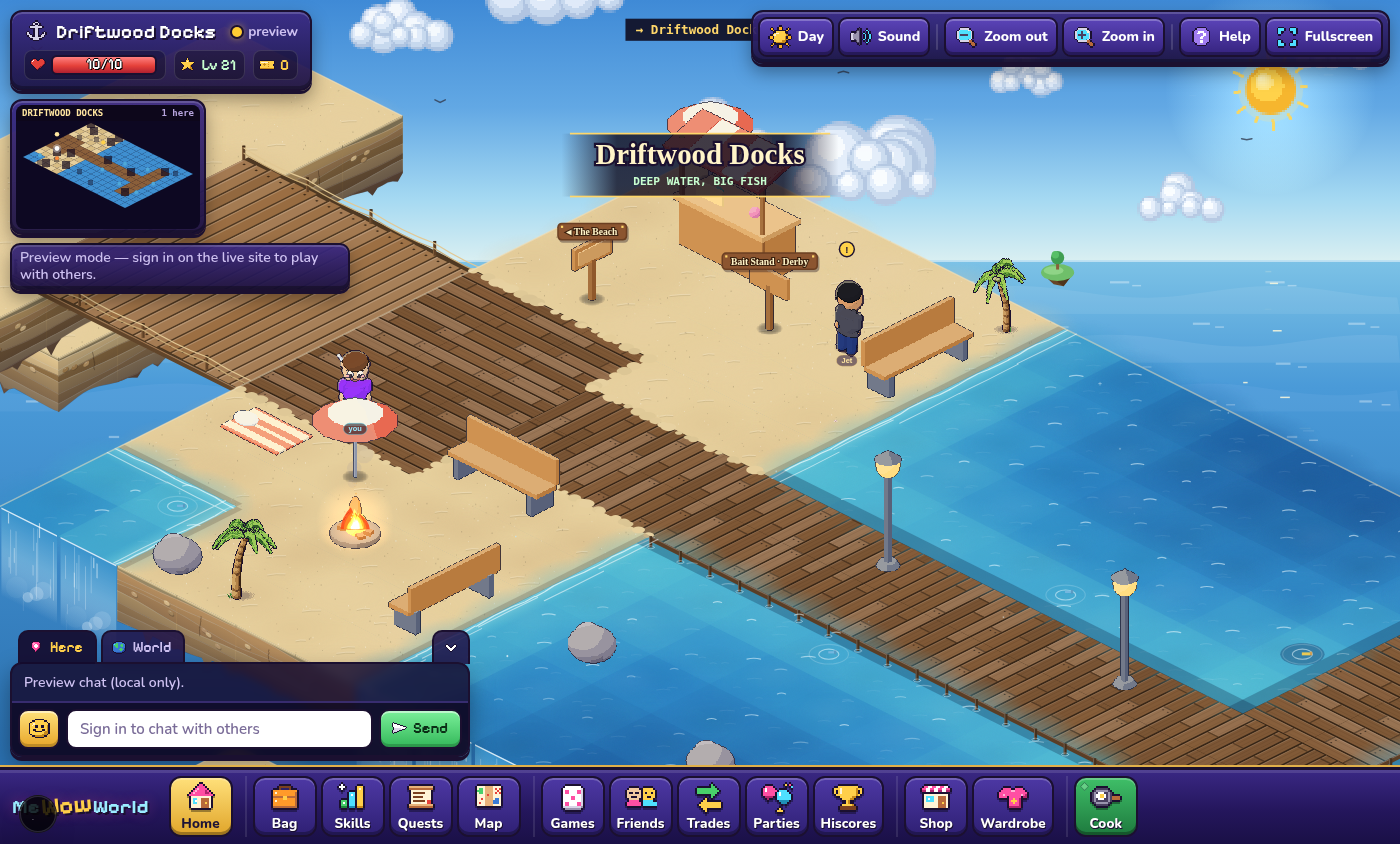 Driftwood Docks — a plank pier out over deep water.