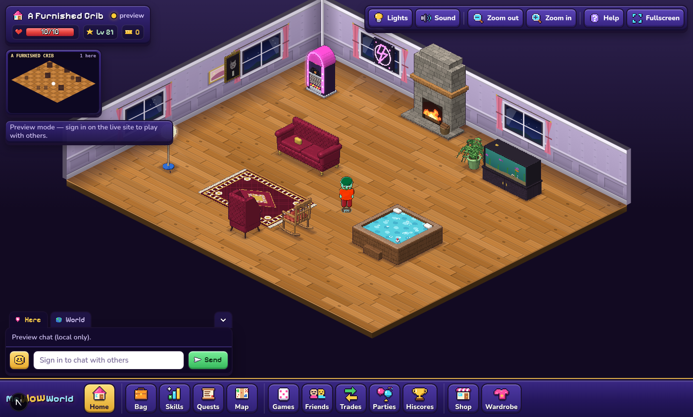 A crib furnished from the new makers: Velourine sofa and hot tub, Kilowatt jukebox, Hearthwood hearth.