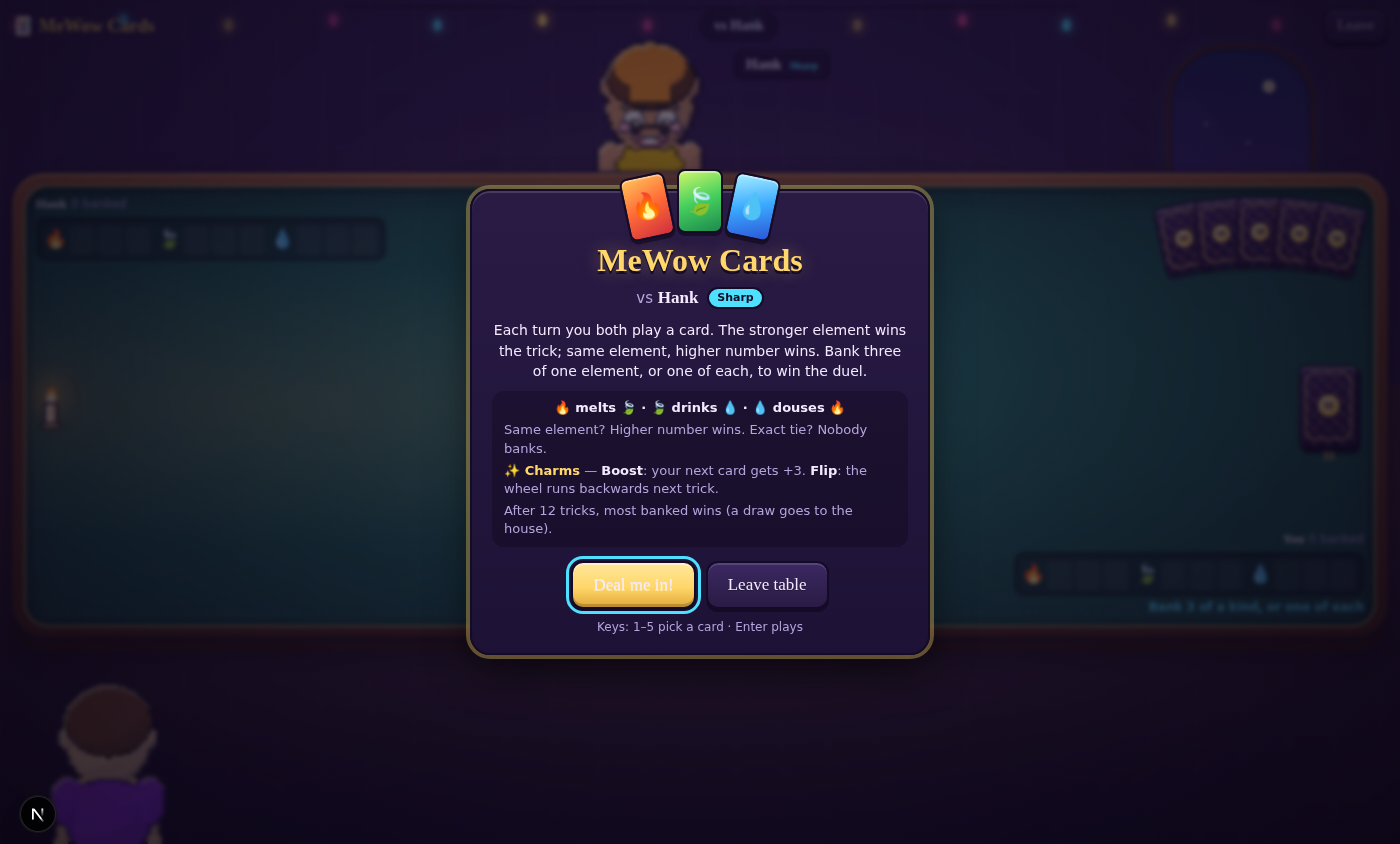 MeWow Cards: elemental card duels against the house MeWows.