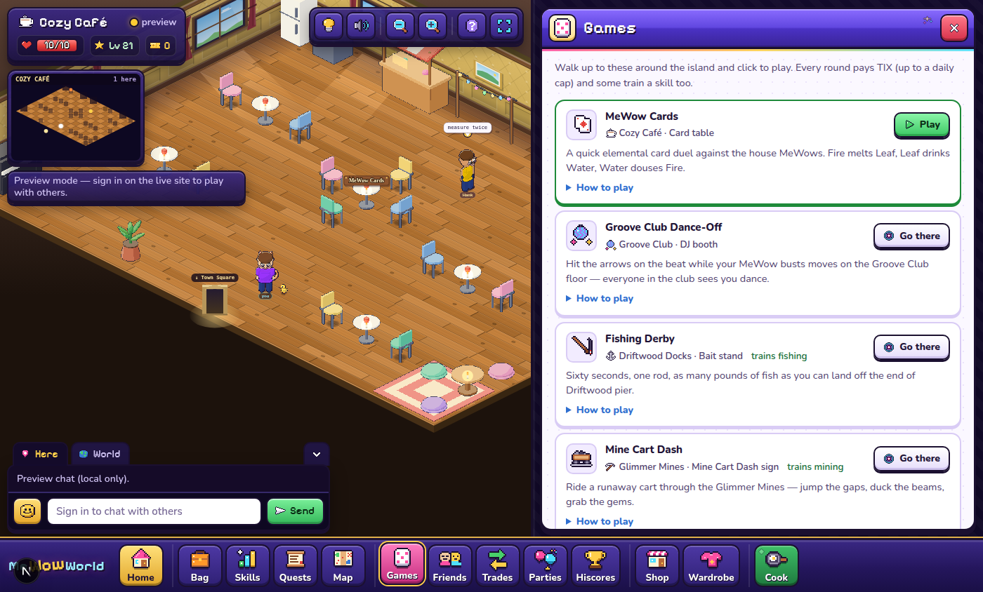 The Games tab: where each game lives and its board.