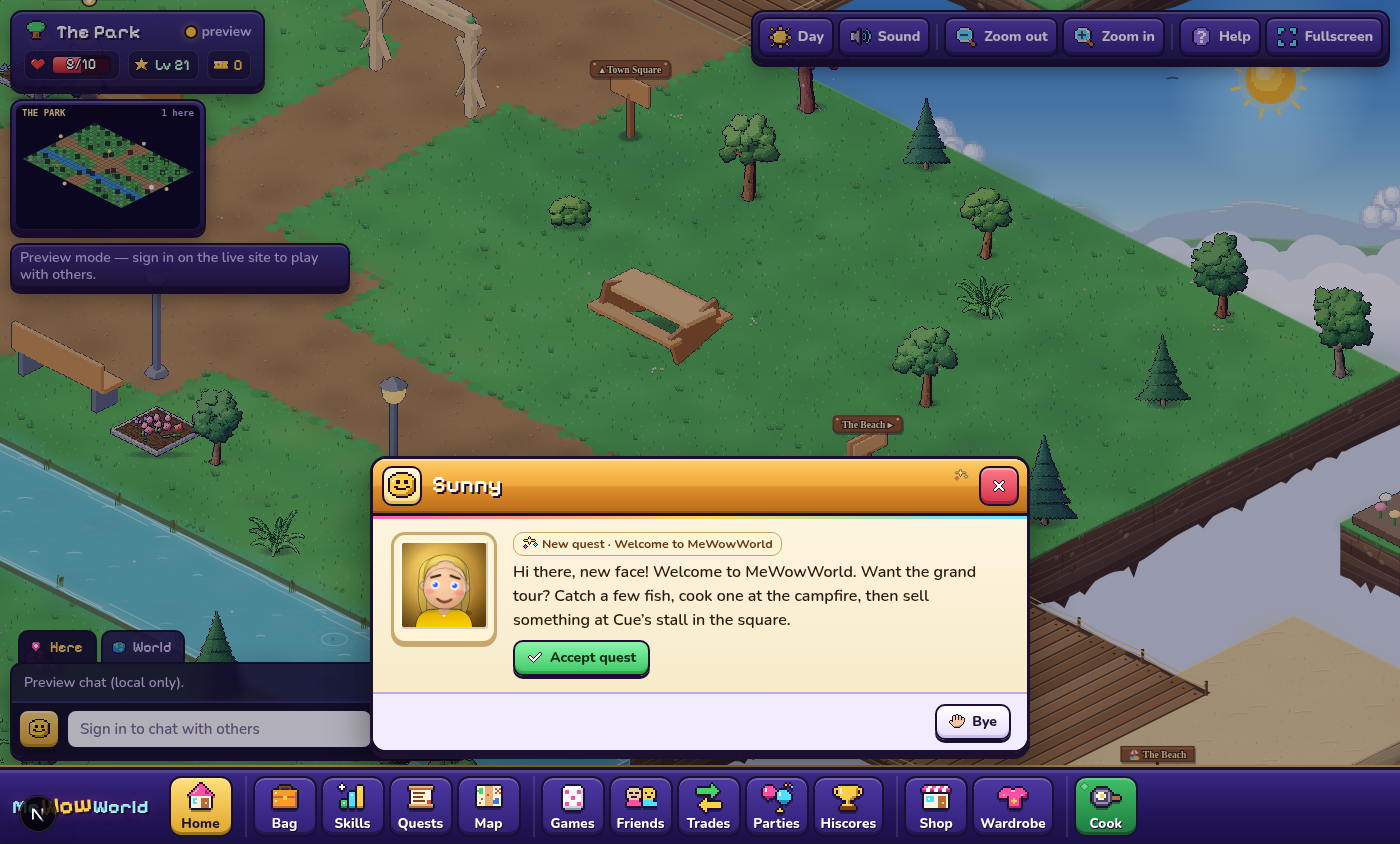 Sunny offers the Welcome quest.